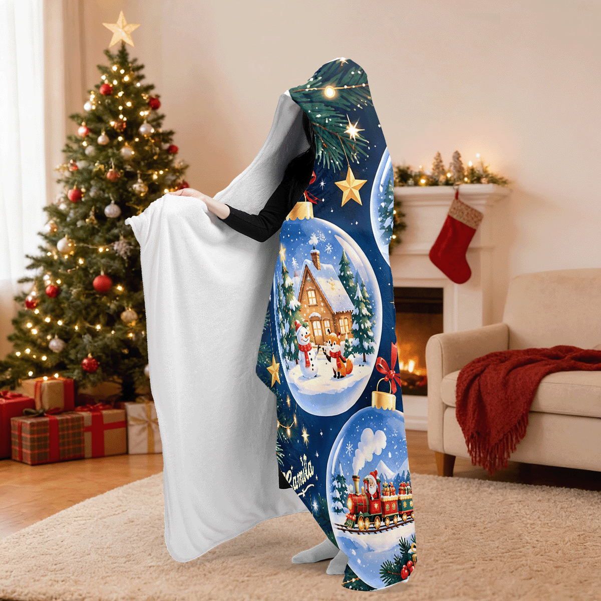 Personalized snow globe ornament village hooded blanket side view showing the sherpa lining