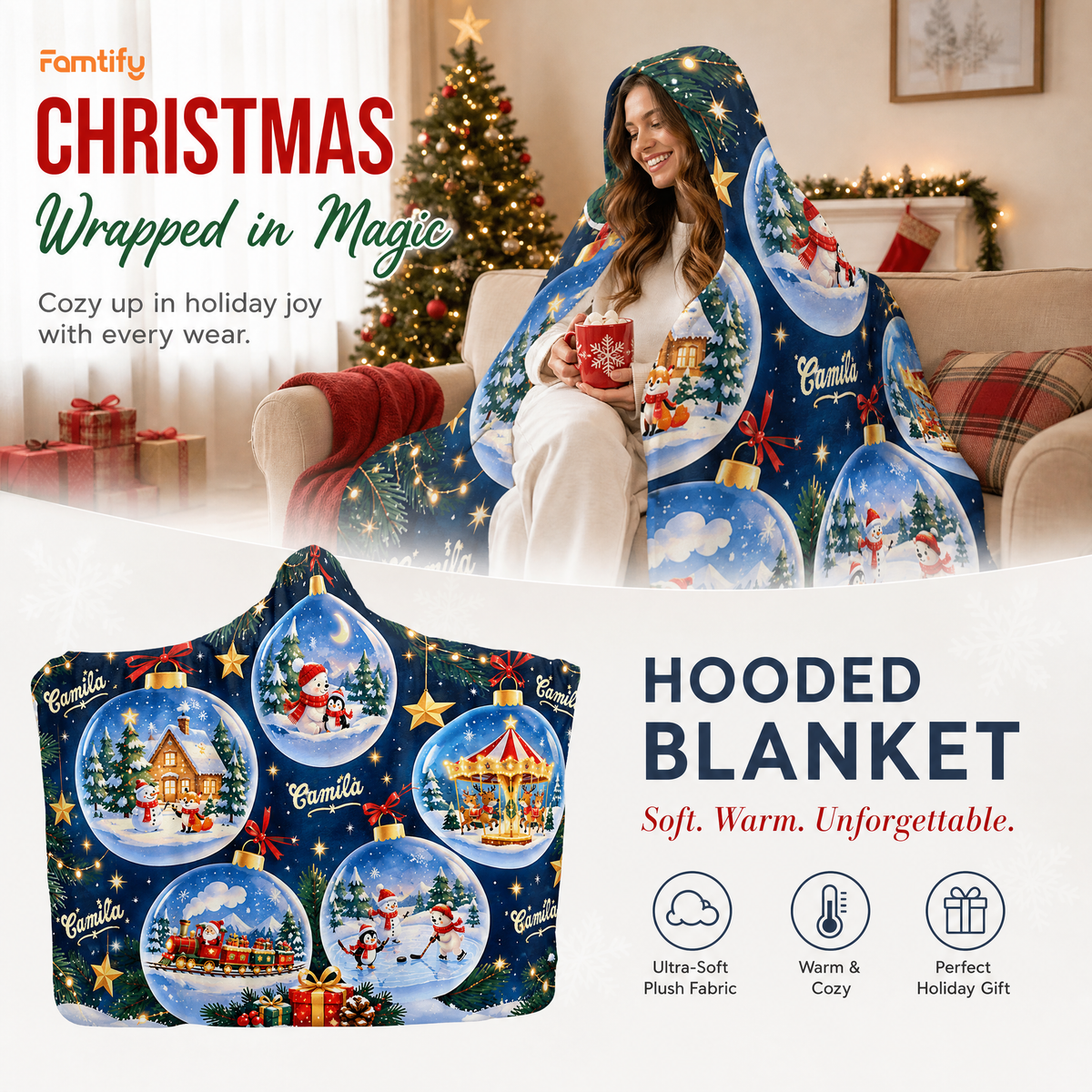 Custom name snow globe ornament village Christmas hooded blanket, view 3