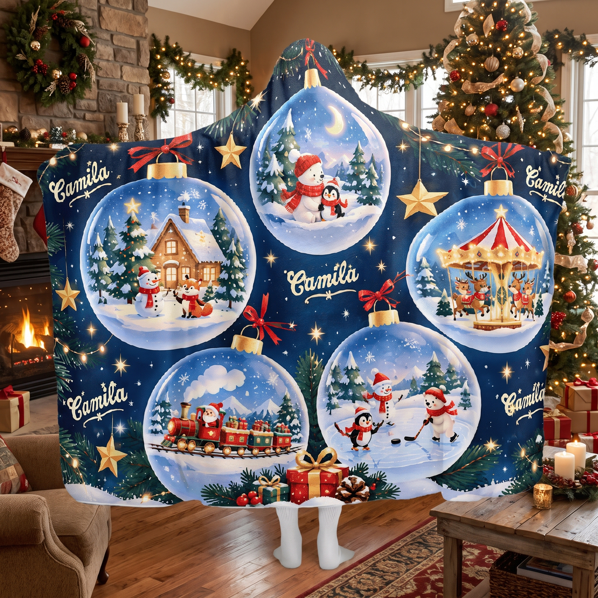 Custom name snow globe ornament village Christmas hooded blanket, view 4