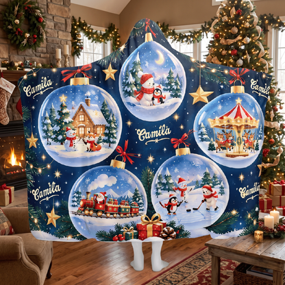 Custom name snow globe ornament village Christmas hooded blanket, view 4
