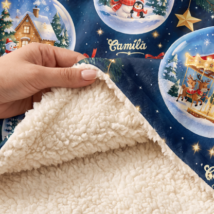 Custom name snow globe ornament village Christmas hooded blanket, view 5