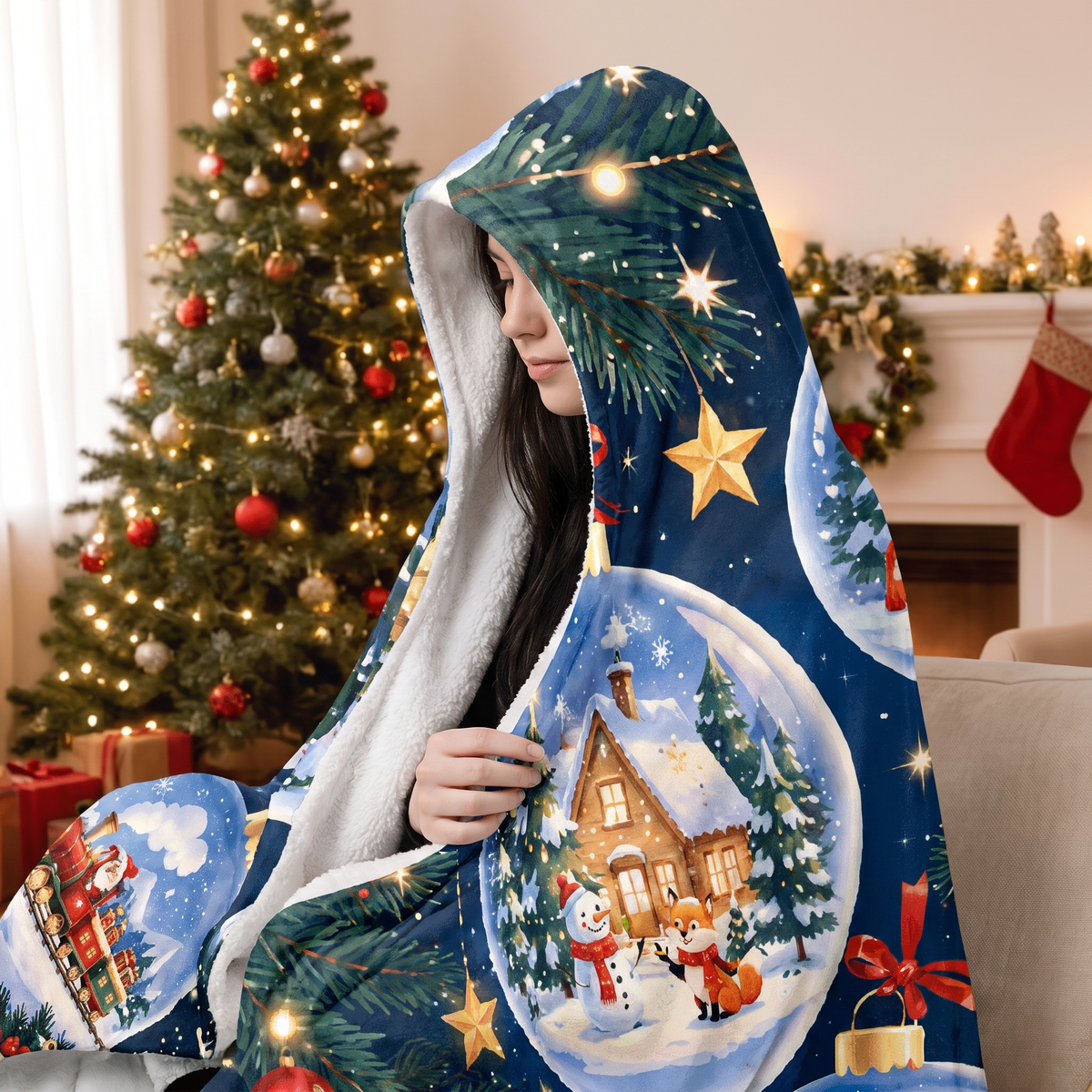 Custom name snow globe ornament village Christmas hooded blanket, view 6