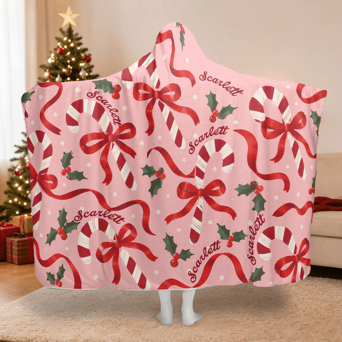 Personalized candy cane ribbon bow holly Christmas hooded blanket with custom name, back view