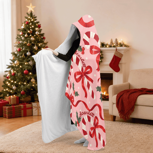 Personalized candy cane ribbon bow holly hooded blanket side view showing the sherpa lining