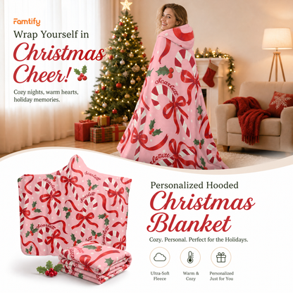 Custom name candy cane ribbon bow holly Christmas hooded blanket, view 3