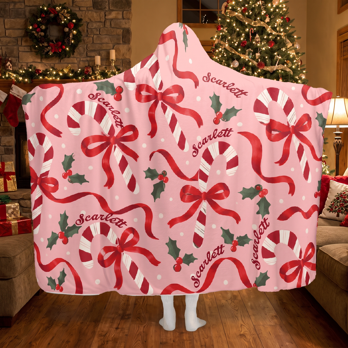 Custom name candy cane ribbon bow holly Christmas hooded blanket, view 4