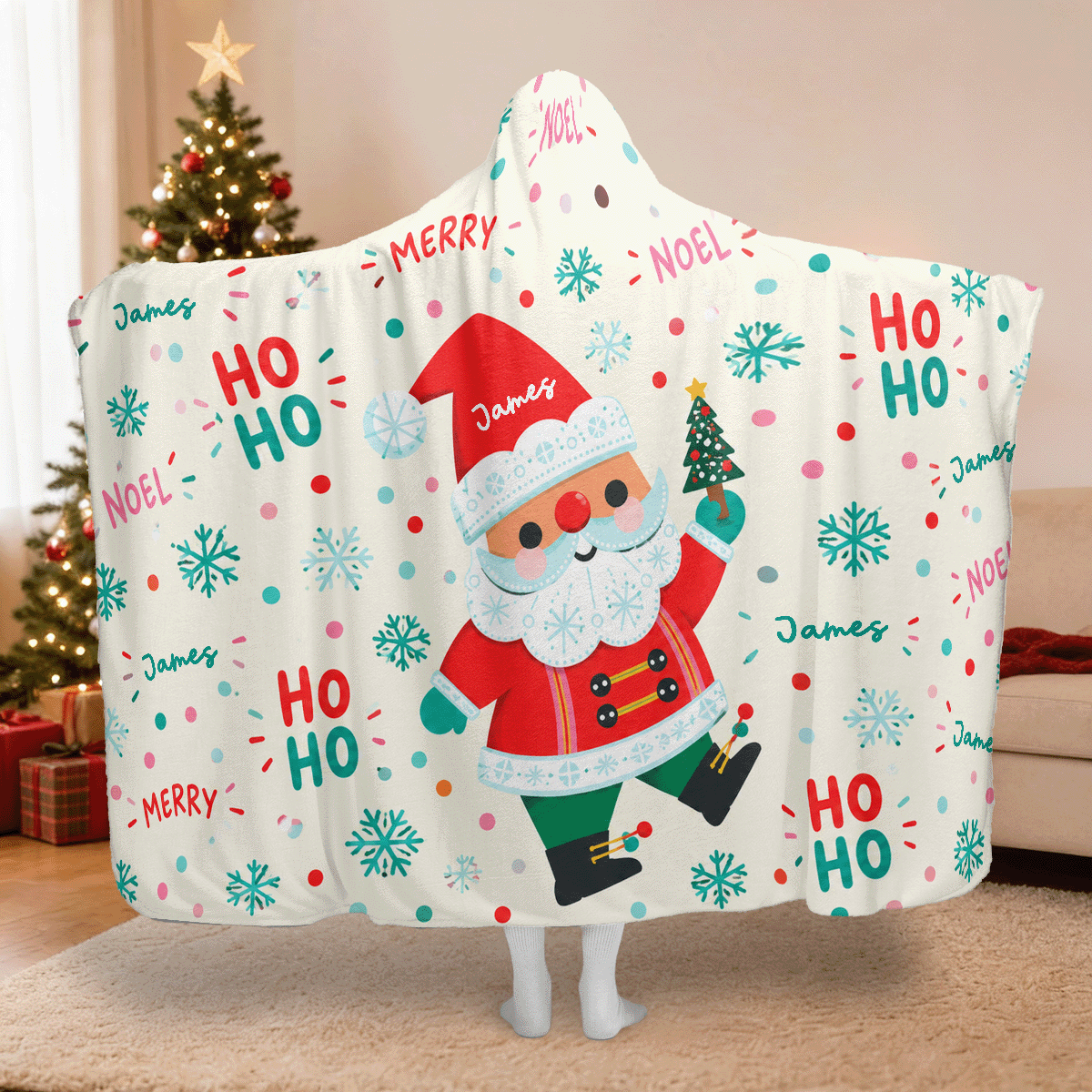 Personalized ho ho ho dancing Santa Christmas hooded blanket with custom name, back view