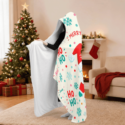 Personalized ho ho ho dancing Santa hooded blanket side view showing the sherpa lining