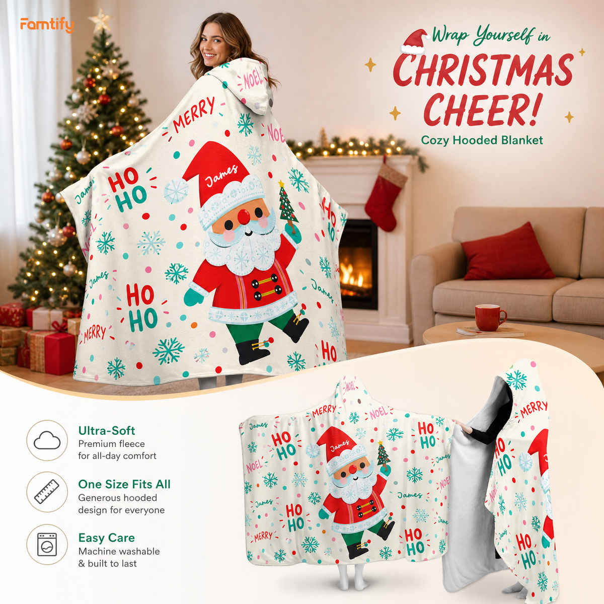 Custom name ho ho ho dancing Santa Christmas hooded blanket, view 3