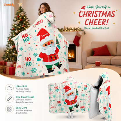 Custom name ho ho ho dancing Santa Christmas hooded blanket, view 3