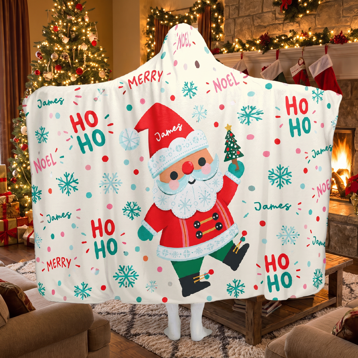 Custom name ho ho ho dancing Santa Christmas hooded blanket, view 4