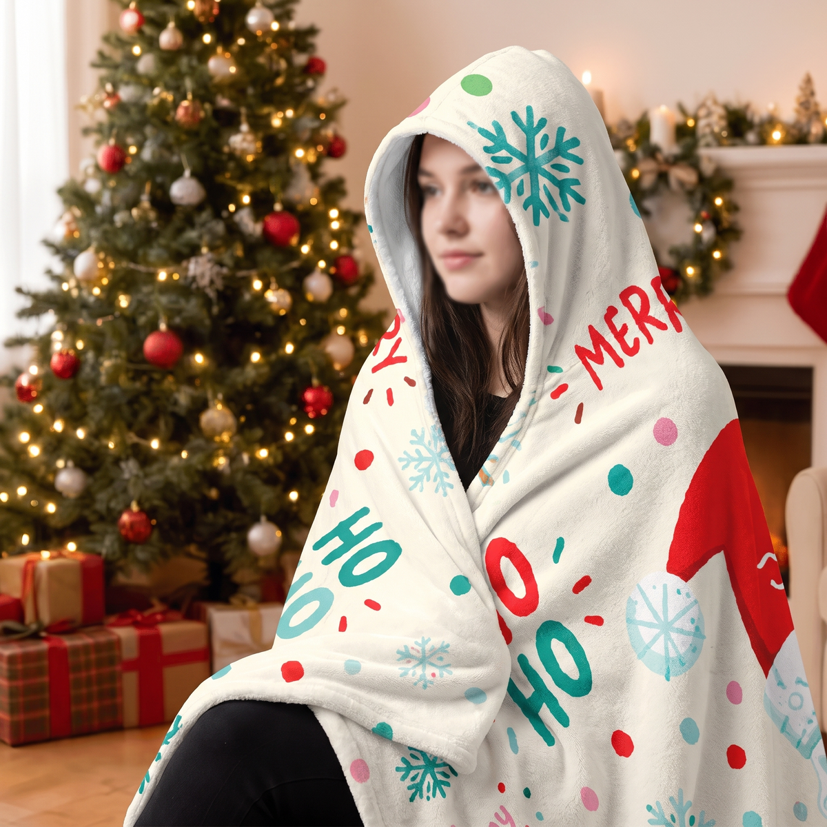 Custom name ho ho ho dancing Santa Christmas hooded blanket, view 6