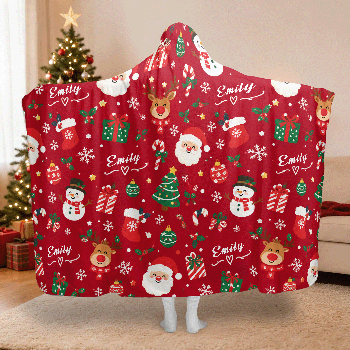 Personalized Santa reindeer snowman pattern Christmas hooded blanket with custom name, back view