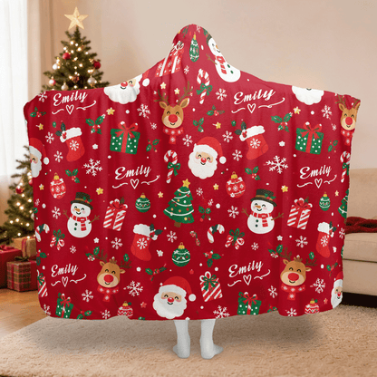 Personalized Santa reindeer snowman pattern Christmas hooded blanket with custom name, back view