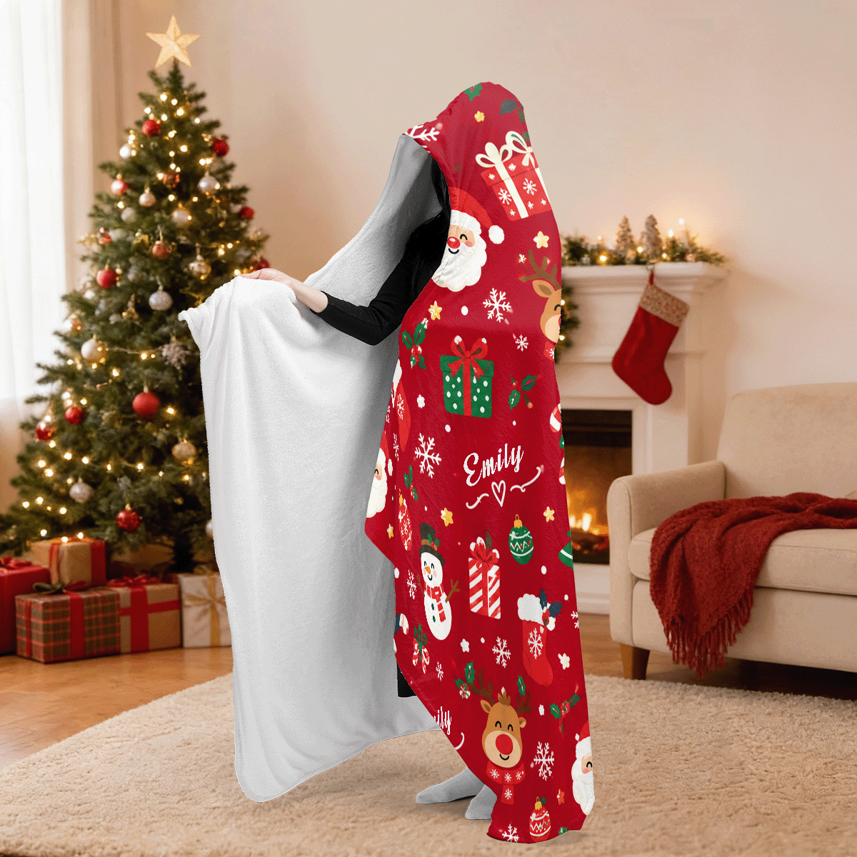 Personalized Santa reindeer snowman pattern hooded blanket side view showing the sherpa lining