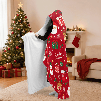 Personalized Santa reindeer snowman pattern hooded blanket side view showing the sherpa lining