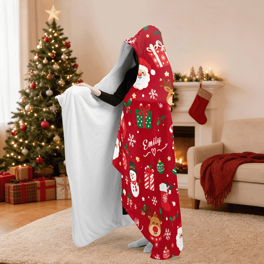 Personalized Santa reindeer snowman pattern hooded blanket side view showing the sherpa lining