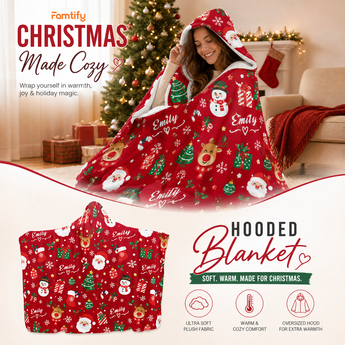 Custom name Santa reindeer snowman pattern Christmas hooded blanket, view 3