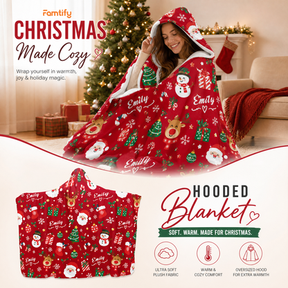 Custom name Santa reindeer snowman pattern Christmas hooded blanket, view 3