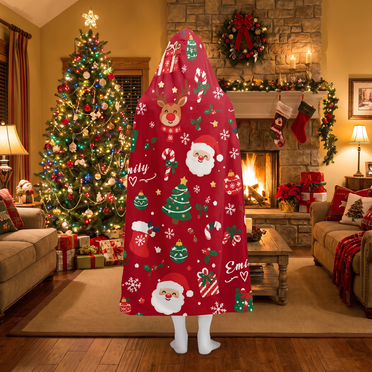 Custom name Santa reindeer snowman pattern Christmas hooded blanket, view 4