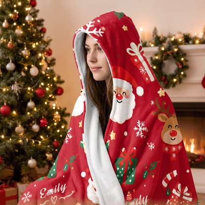 Custom name Santa reindeer snowman pattern Christmas hooded blanket, view 5