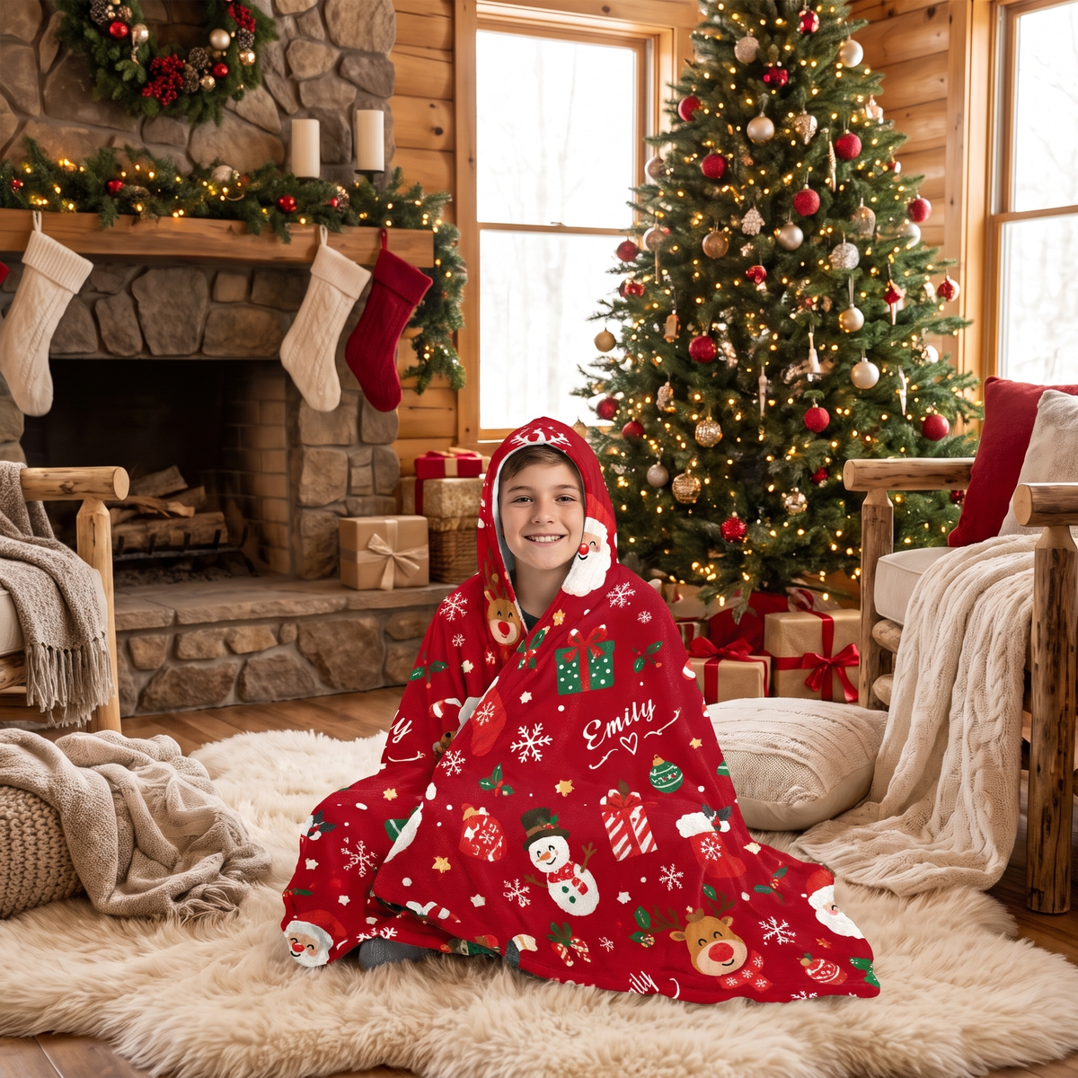 Custom name Santa reindeer snowman pattern Christmas hooded blanket, view 6