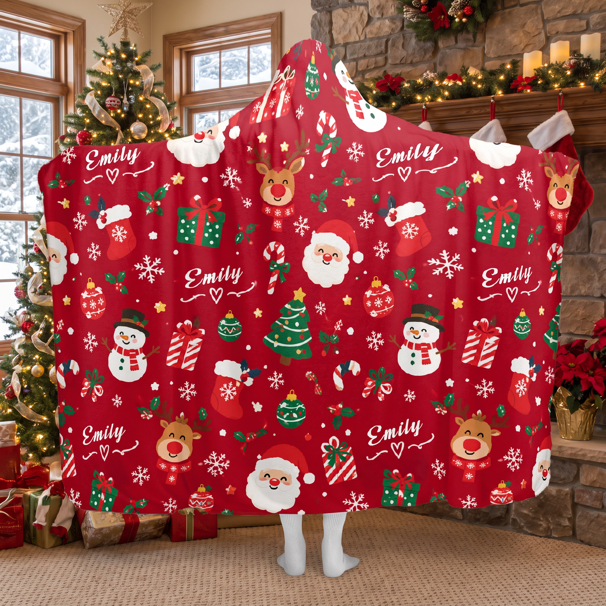 Custom name Santa reindeer snowman pattern Christmas hooded blanket, view 7