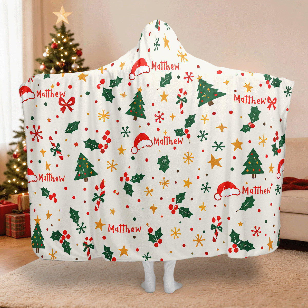 Personalized Christmas tree holly star pattern hooded blanket with custom name, back view