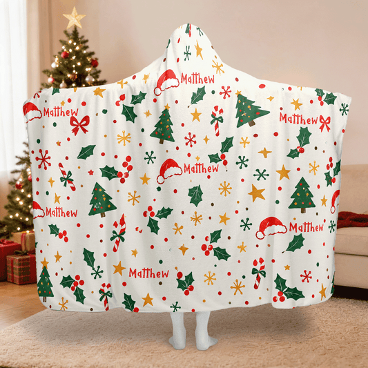Personalized Christmas tree holly star pattern hooded blanket with custom name, back view