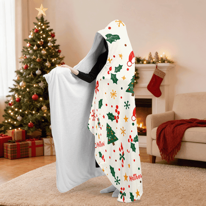Personalized Christmas tree holly star pattern hooded blanket side view showing the sherpa lining