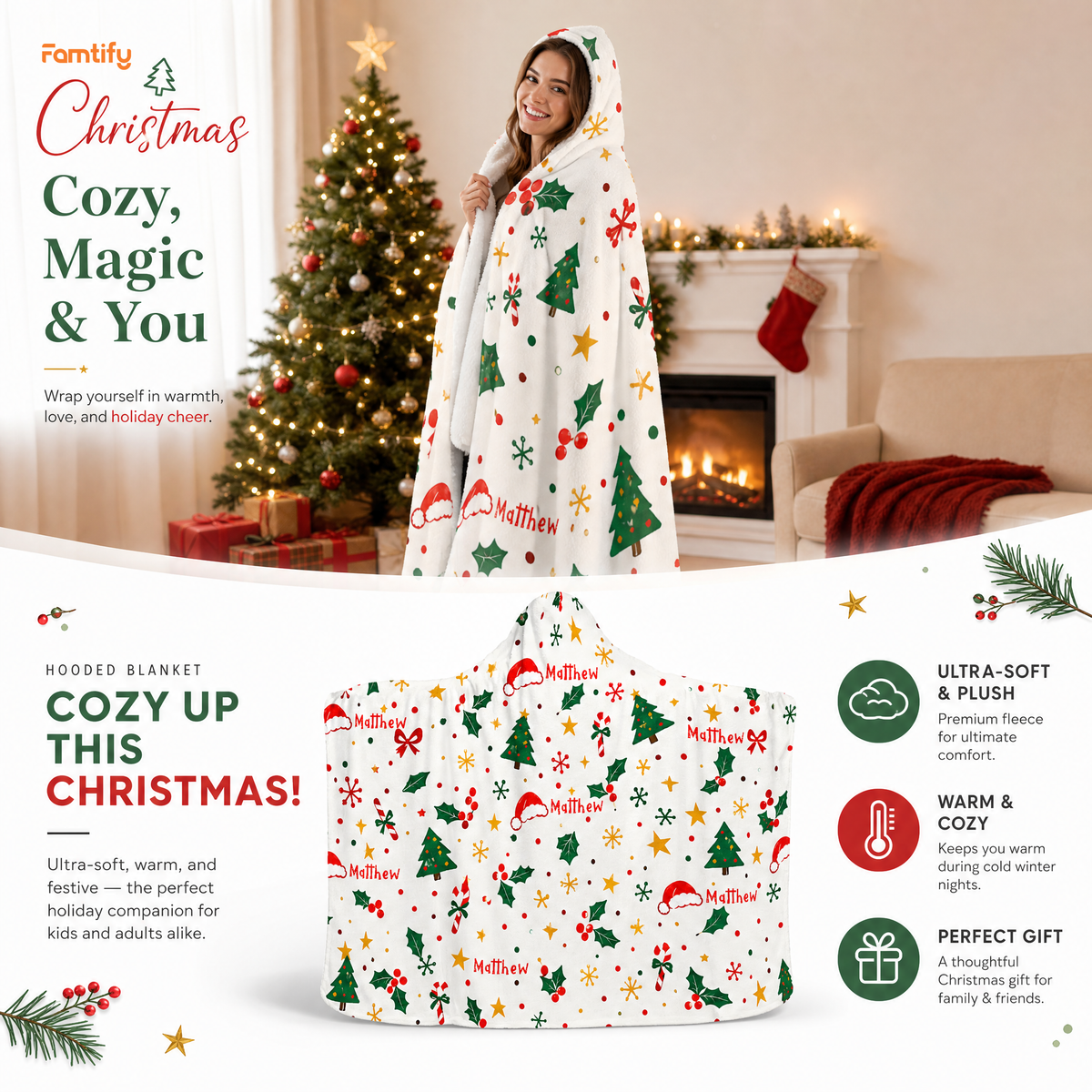 Custom name Christmas tree holly star pattern hooded blanket, view 3