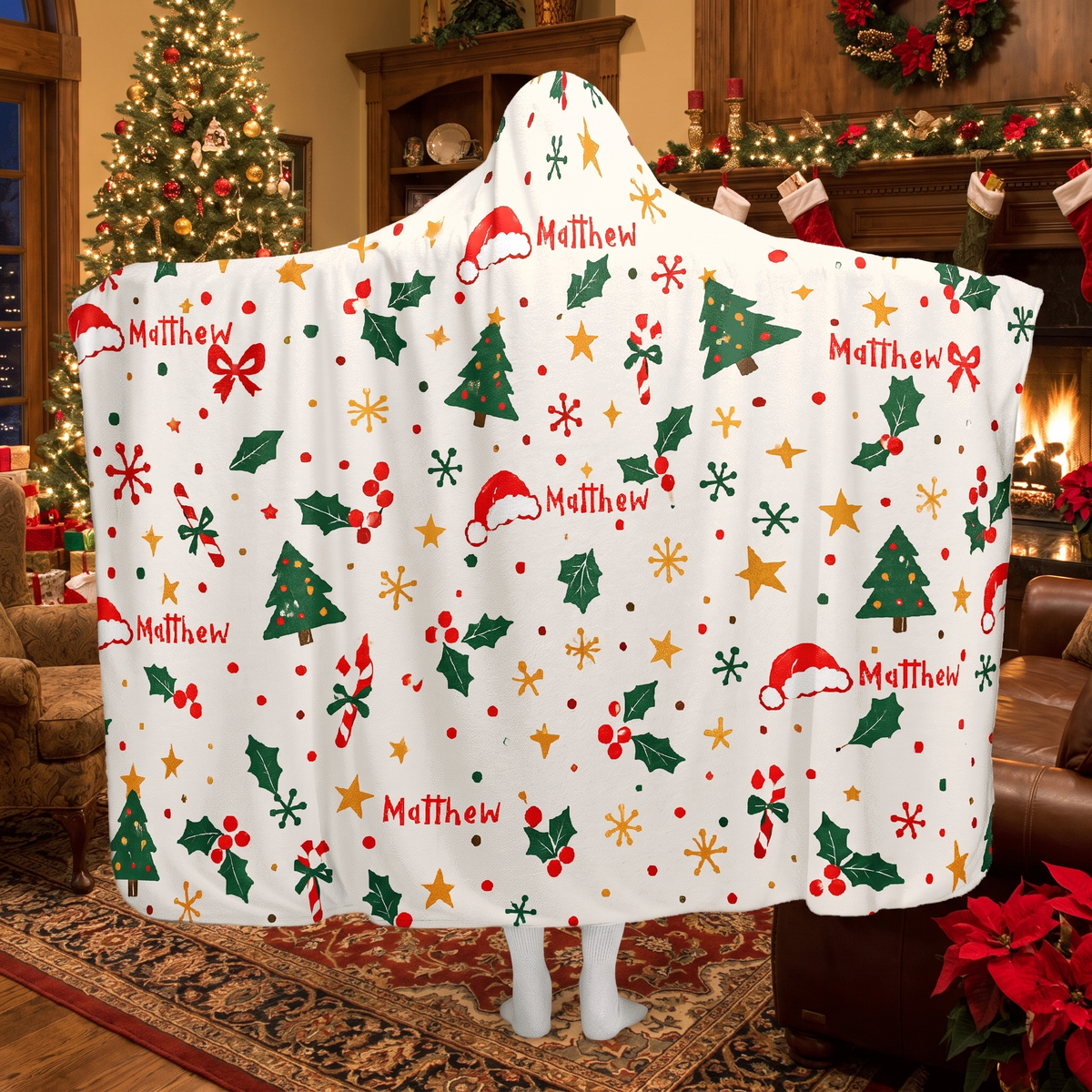 Custom name Christmas tree holly star pattern hooded blanket, view 4