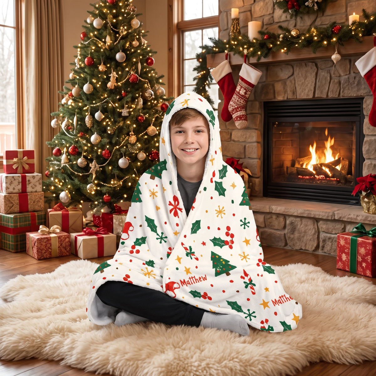 Custom name Christmas tree holly star pattern hooded blanket, view 6