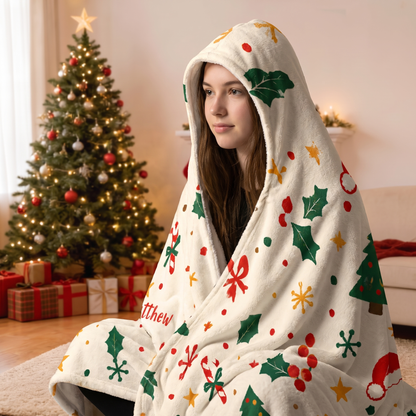 Custom name Christmas tree holly star pattern hooded blanket, view 7