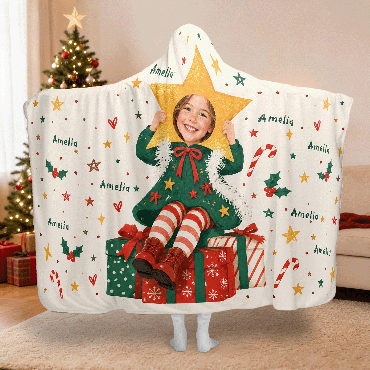 Personalized custom face Christmas tree star girl hooded blanket with custom name, back view
