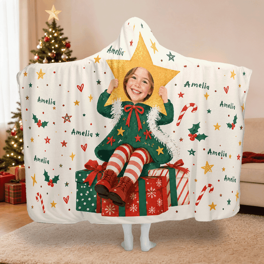 Personalized custom face Christmas tree star girl hooded blanket with custom name, back view