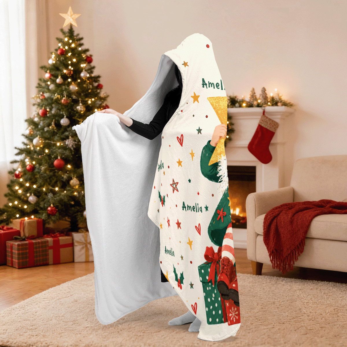 Personalized custom face Christmas tree star girl hooded blanket side view showing the sherpa lining
