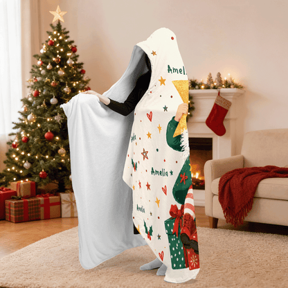 Personalized custom face Christmas tree star girl hooded blanket side view showing the sherpa lining