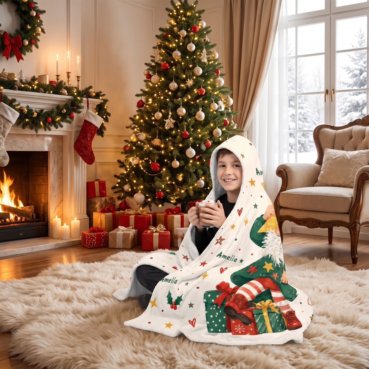 Custom name custom face Christmas tree star girl hooded blanket, view 4