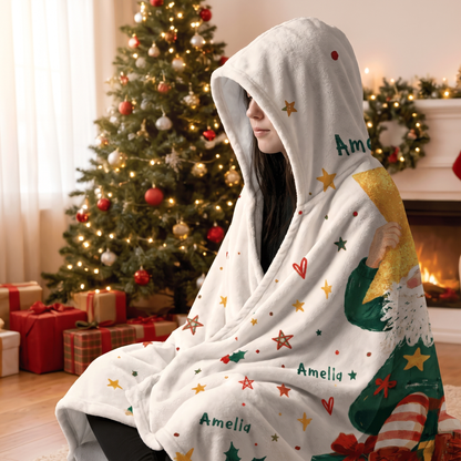 Custom name custom face Christmas tree star girl hooded blanket, view 5