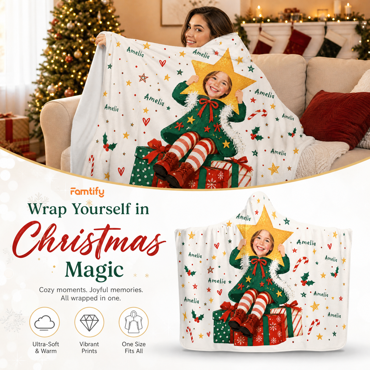 Custom name custom face Christmas tree star girl hooded blanket, view 6