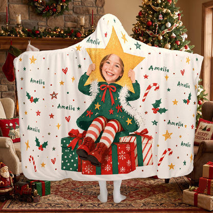 Custom name custom face Christmas tree star girl hooded blanket, view 7