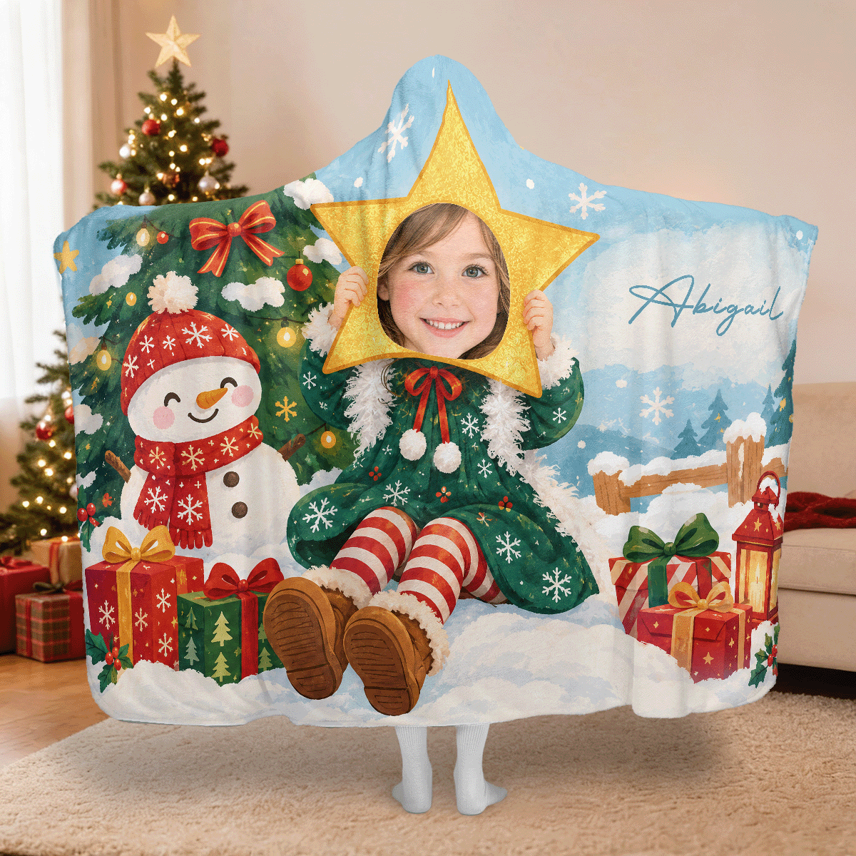 Personalized custom face snowman tree star Christmas hooded blanket with custom name, back view