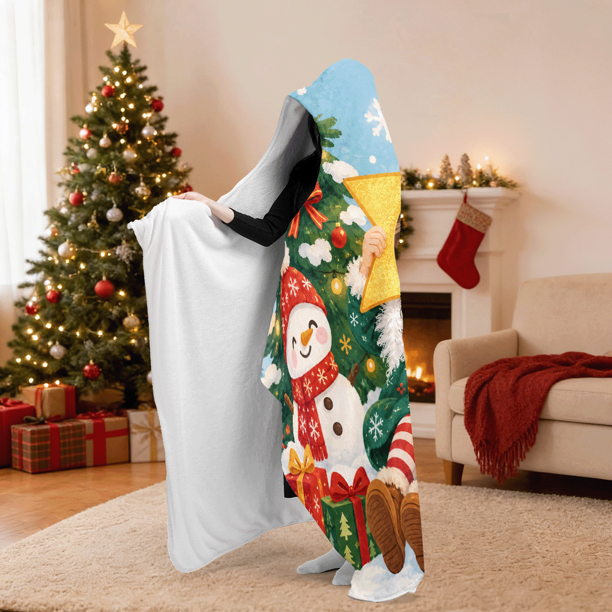 Personalized custom face snowman tree star hooded blanket side view showing the sherpa lining