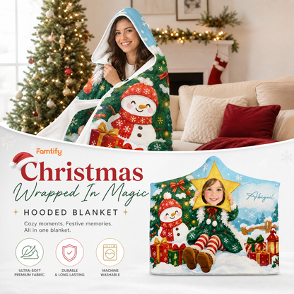 Custom name custom face snowman tree star Christmas hooded blanket, view 3
