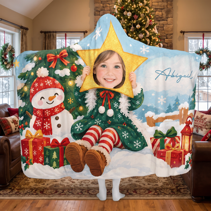 Custom name custom face snowman tree star Christmas hooded blanket, view 4
