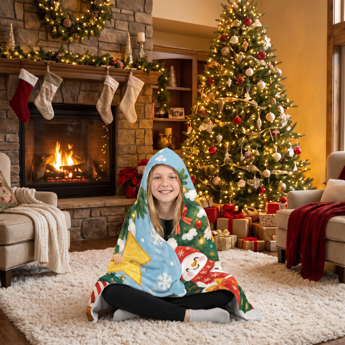 Custom name custom face snowman tree star Christmas hooded blanket, view 6