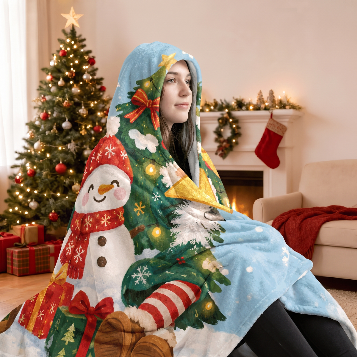 Custom name custom face snowman tree star Christmas hooded blanket, view 7