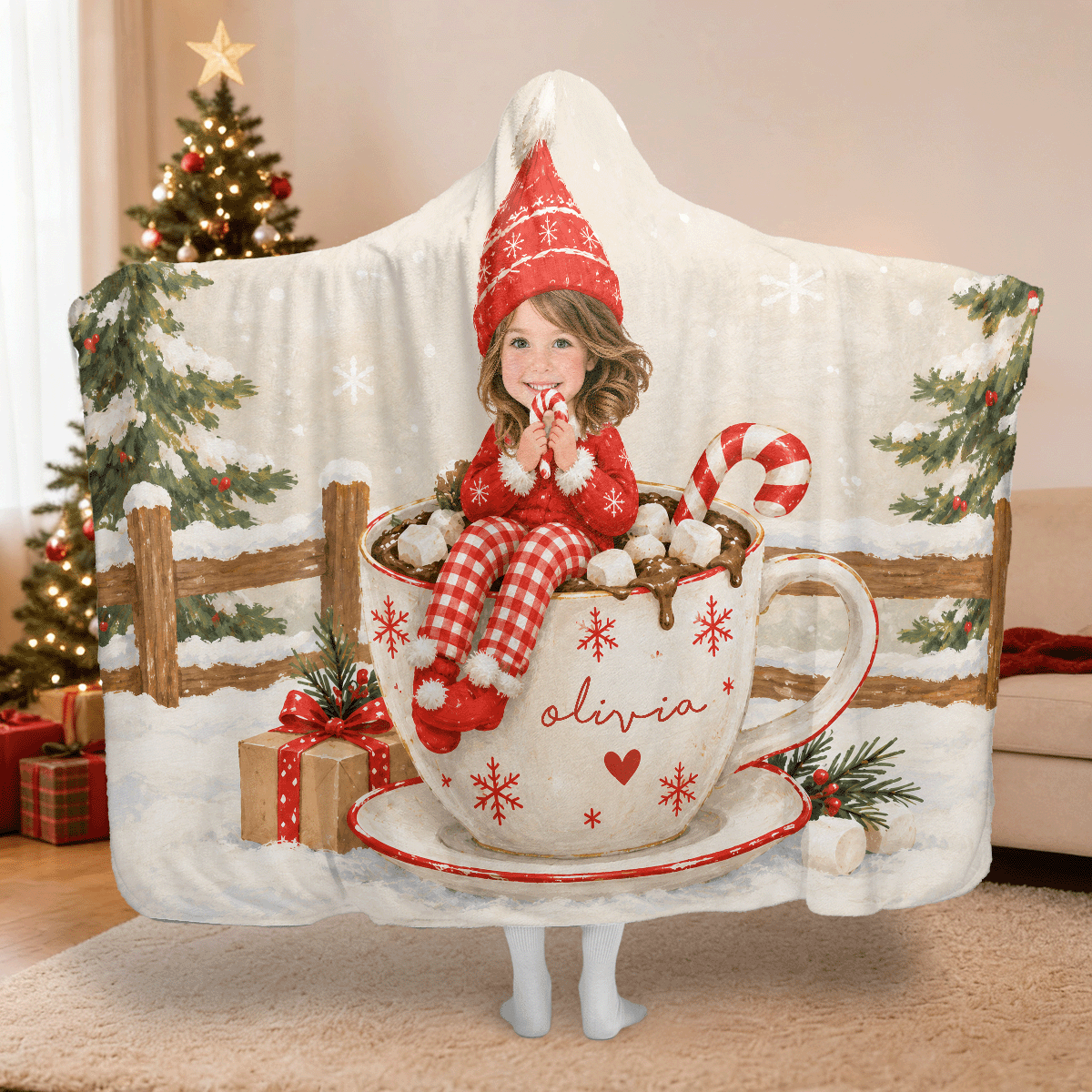 Personalized cocoa mug girl gnome hat Christmas hooded blanket with custom name, back view