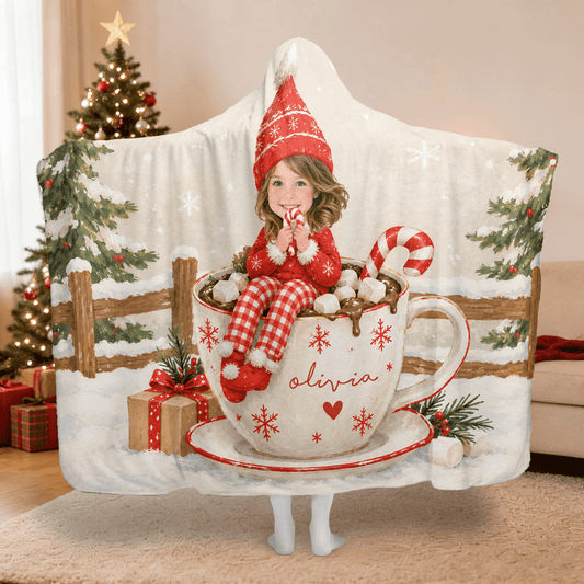 Personalized cocoa mug girl gnome hat Christmas hooded blanket with custom name, back view